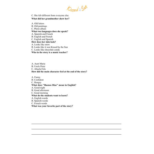 Kissed by the Sun Reading Comprehension Worksheet