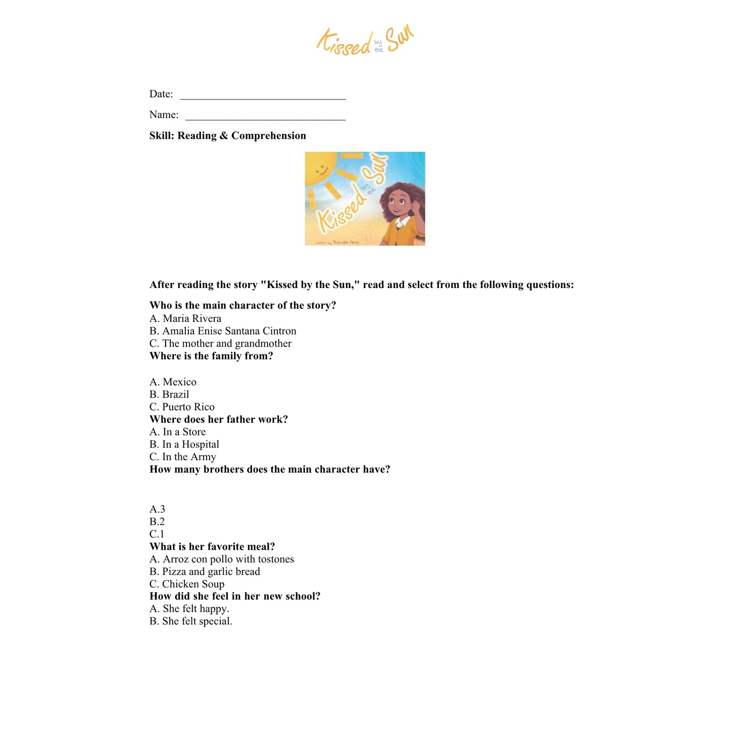 Kissed by the Sun Reading Comprehension Worksheet