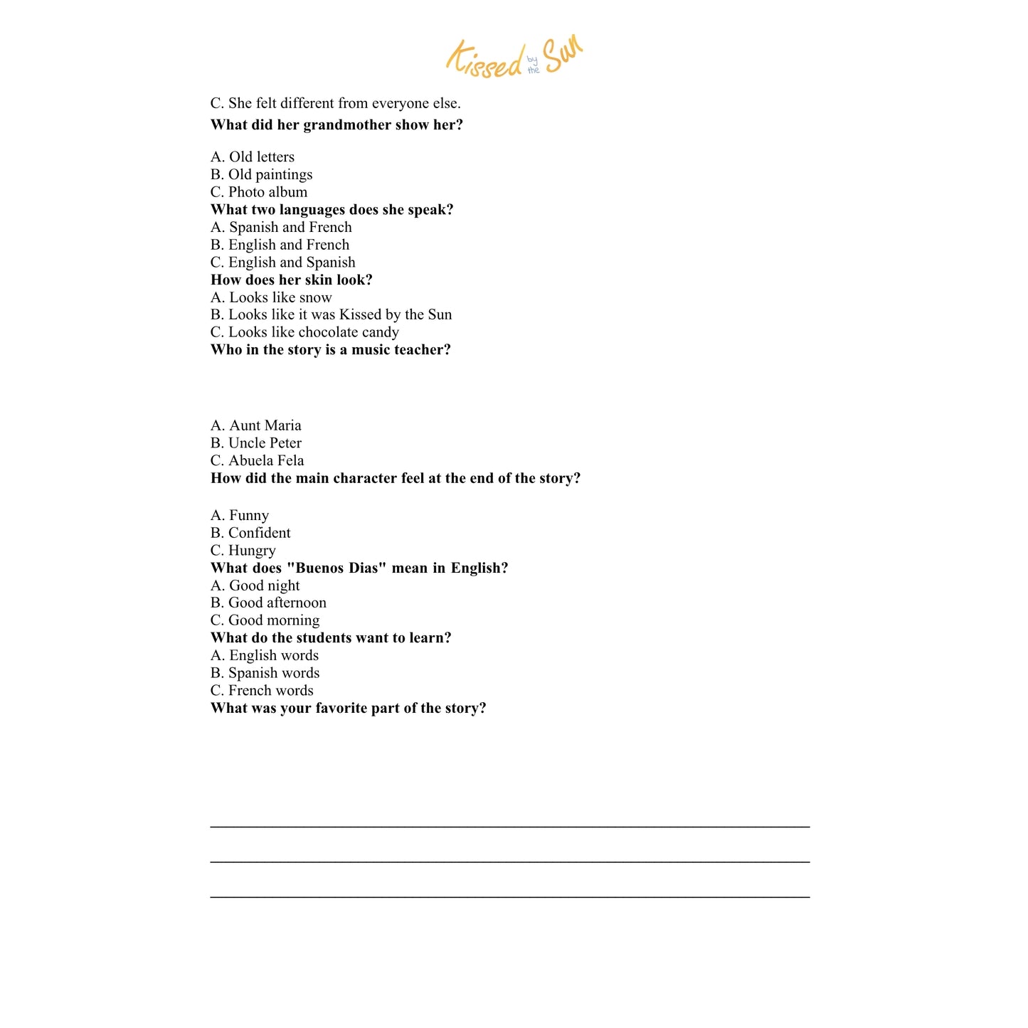 Kissed by the Sun Reading Comprehension Worksheet